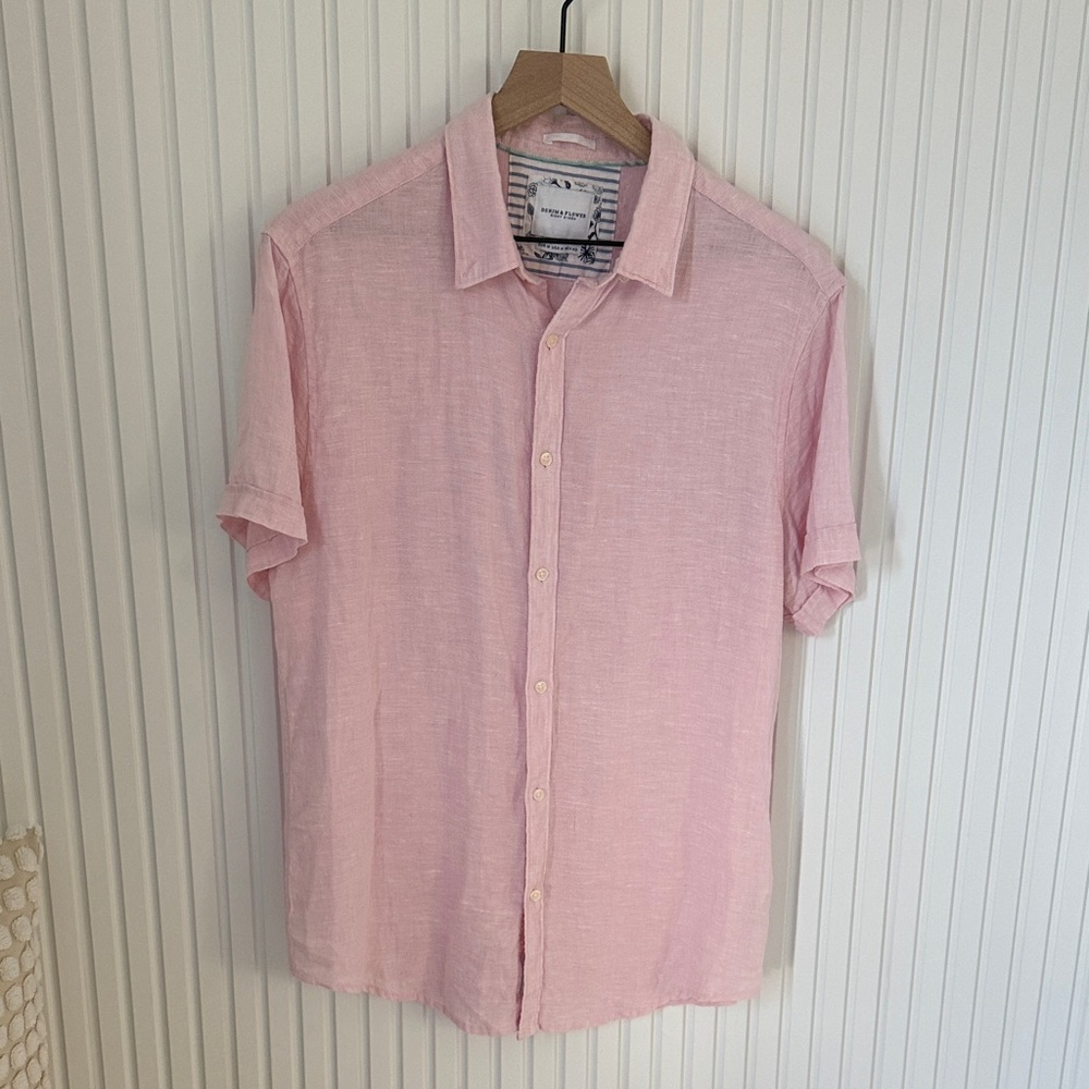 Denim& Flower Light Pink Casual Button Down Shirt Linen